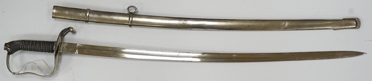An 1861 Austrian sabre with intaglio initialled hilt and Solingen blade, in its steel scabbard, plated overall, blade 76cm. Condition - good